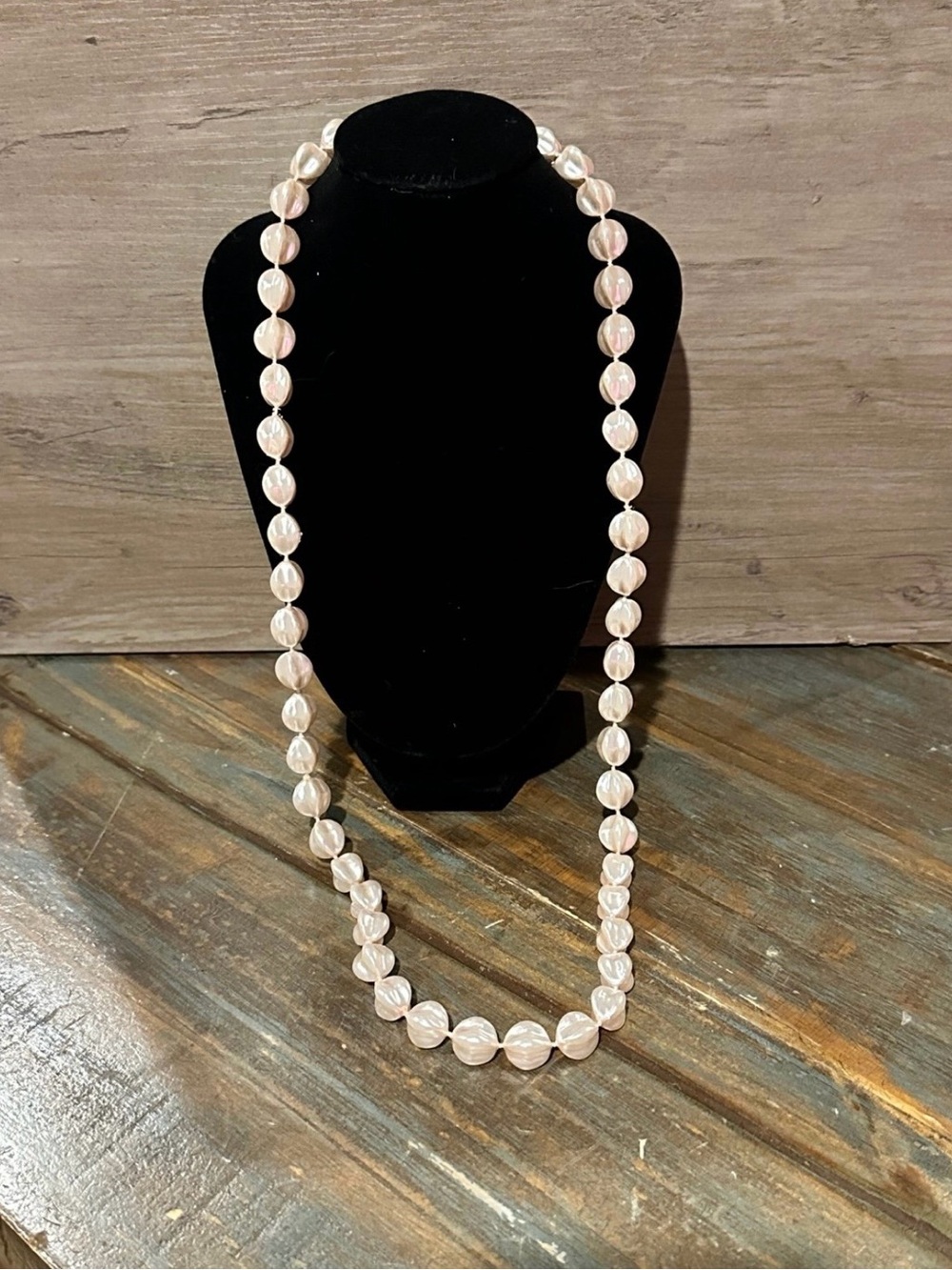 Vintage Pink Faux Pearl Bead Necklace Long Strand Iridescent Statement